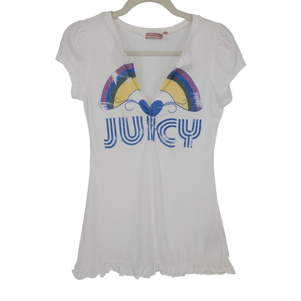 Juicy Couture Graphic Tee Women S White Rainbow Heart Ruffle Hem Puff Sleeve Y2K